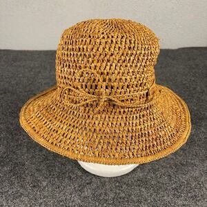 Jaden Rael Handmade Madagascar 100% Raffia Sun Hat Tan Woven Straw Bow Detail M